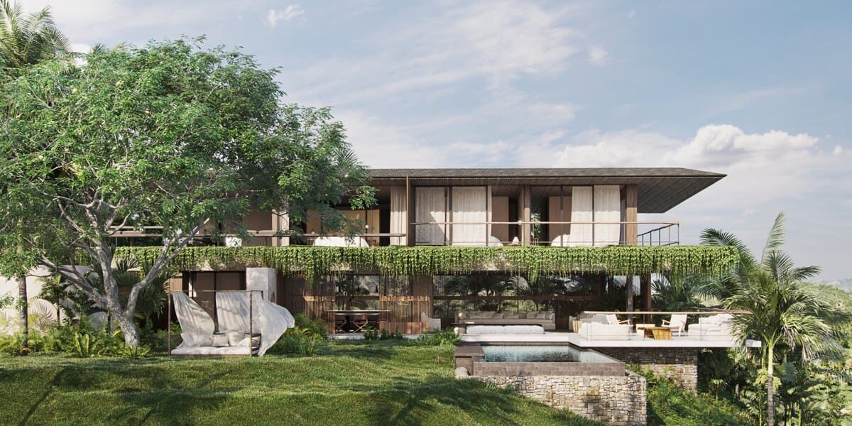 Mẫu thiết kế biệt thự phong cách Tropical gần gũi thiên nhiên, không gian mở và nhiều cây xanh, tạo cảm giác như một khu nghỉ dưỡng riêng tư.
