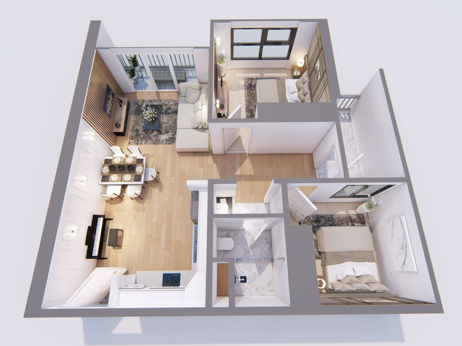 Mẫu thiết kế căn hộ 2 phòng ngủ phong cách hiện đại giúp tối ưu không gian cho căn hộ 2 phòng ngủ, tạo sự liên kết giữa các khu vực chức năng, mang lại cảm giác rộng rãi và thoải mái.