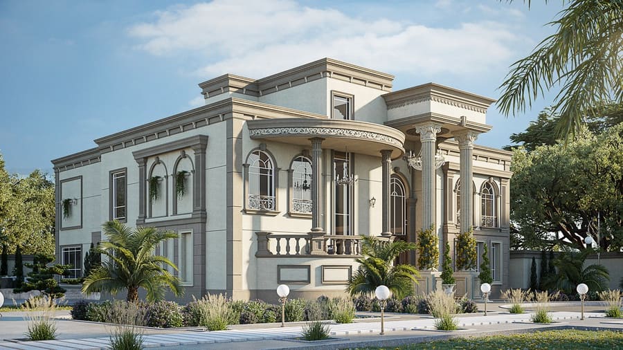 Mẫu thiết kế kiến trúc phong cách tân cổ điển: Sang trọng, tinh tế, giữ nét châu Âu nhưng giản lược chi tiết. 