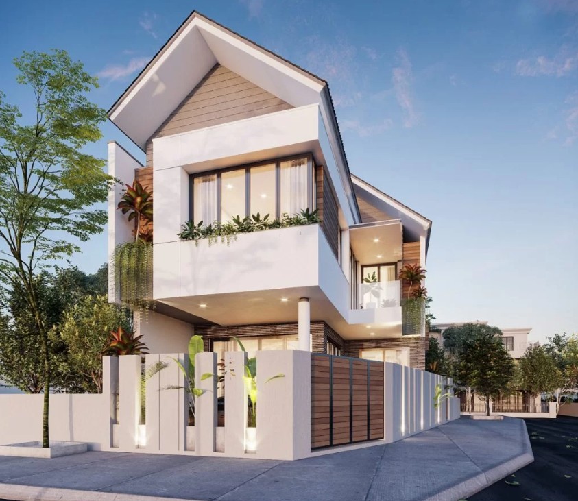 Mẫu thiết kế kiến trúc phong cách hiện đại: Đường nét phẳng, màu sắc trung tính, vật liệu kính – thép – bê tông.