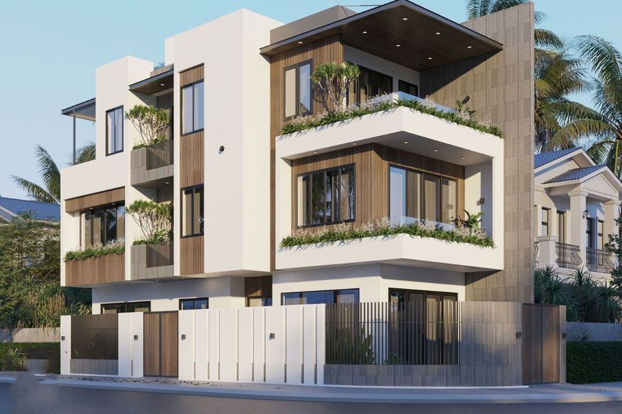 Mẫu thiết kế nhà phố 2 mặt tiền hiện đại kết hợp gỗ làm điểm nhấn.