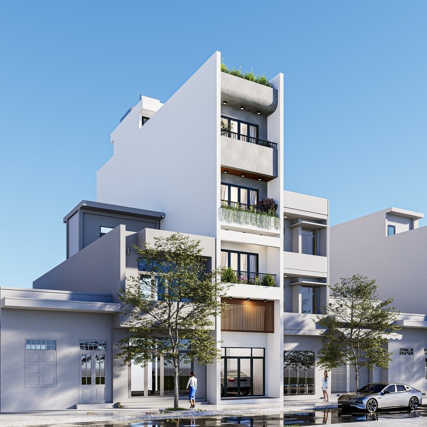Mẫu thiết kế nhà phố hiện đại 4 tầng có gara ô tô đáp ứng đầy đủ công năng cho gia đình,