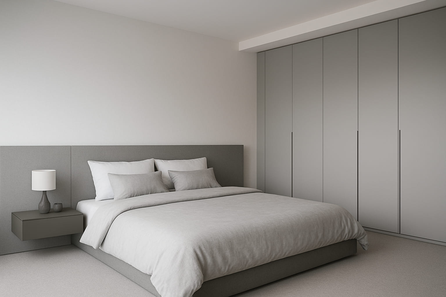 Thiết kế nội thất phòng ngủ hiện đại với tông màu xám trắng, giường ngủ nhỏ và tủ quần áo âm tường, tạo cảm giác thư giãn, gọn gàng và tận dụng tối đa diện tích.