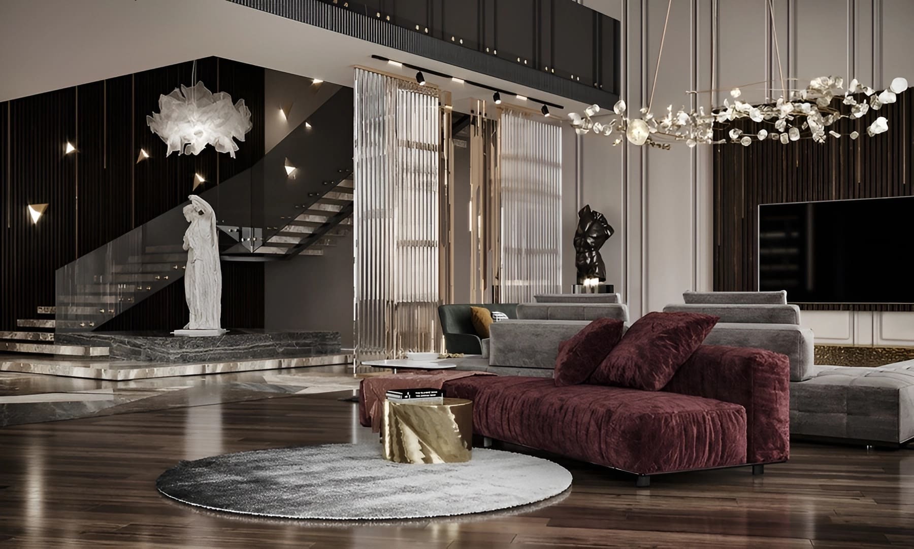 Thiết kế nội thất phòng khách Modern Luxury với sofa nhung, bàn trà sang trọng cùng với đèn chùm, tạo điểm nhấn xa hoa và ấn tượng.