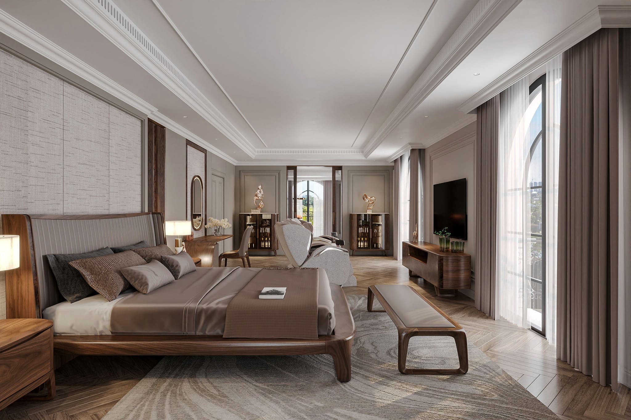 Thiết kế nội thất phòng ngủ Modern Luxury thiết kế tinh tế với nội thất giường, kệ tủ, rèm 2 lớp, mang đến sự ấm áp, tinh tế và riêng tư.