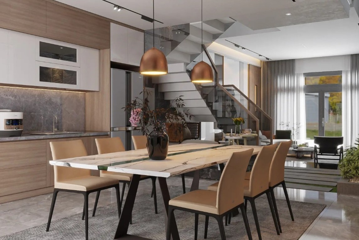 Thiết kế nội thất cho không gian mở giữa phòng khách và bếp giúp thiết kế nội thất nhà phố thêm rộng rãi, thoáng sáng và gắn kết gia đình.