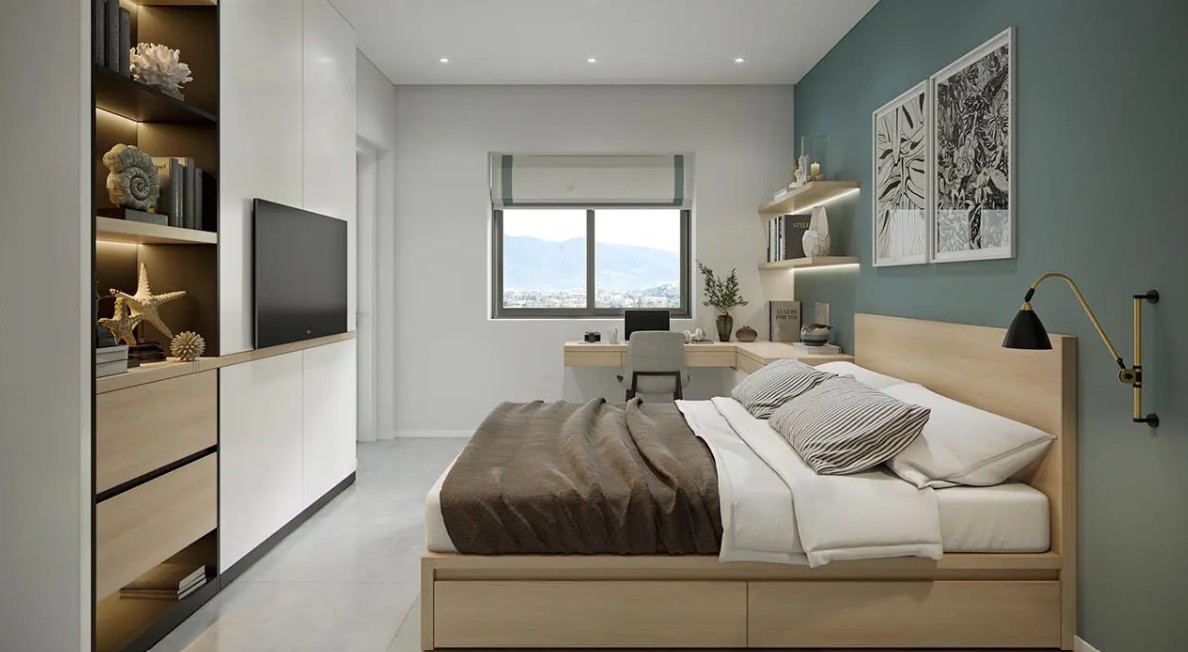 hiết kế nội thất phòng ngủ được tối ưu về diện tích, kết hợp màu sắc thẩm mỹ và công năng sử dụng, mang đến không gian sống hài hòa và tiện nghi.